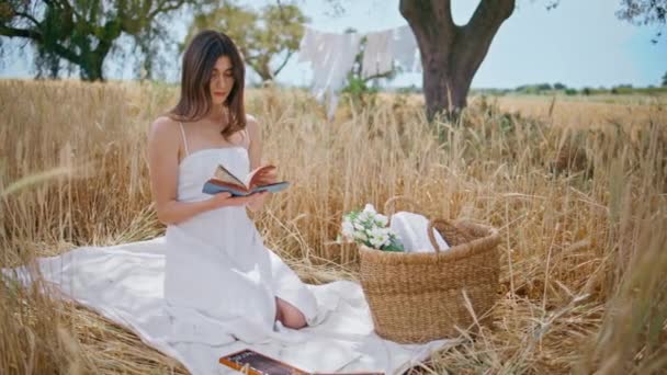 Piknik Modell Kifosztja Oldalakat Nyári Mezőn Nyugodt Lány Kényelmes Takaró — Stock videók
