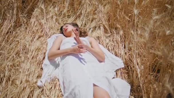 Спокойная Дама Отдыхающая Солнце Пикелет Природу Молодая Красивая Женщина Длинном — стоковое видео