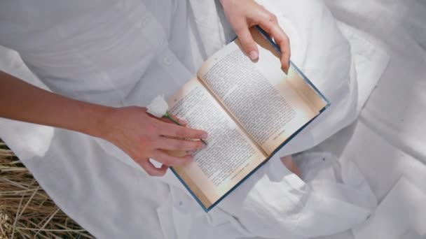 Mulher Correndo Dedos Através Páginas Livros Feno Natureza Closeup Senhora — Vídeo de Stock
