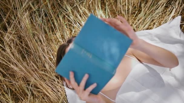 Ξαπλωμένη Γυναίκα Διαβάζει Βιβλία Ένα Μέρος Κοντά Αναπαύεται Μελαχρινή Κρύβεται — Αρχείο Βίντεο