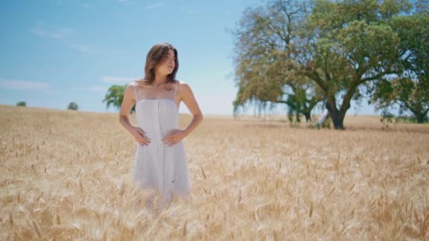 Sensual Model Posing Sun Harvested Land Horizon Tender Woman Touching — Stock Video