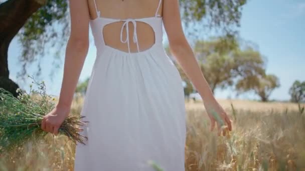 女人的身体走在小尖上 向后看了看 无忧无虑的快乐女士牵着花束旋转在黑麦乡间草甸特写 浪漫的白衣模特带着野花漫步夏日花园的自然 — 图库视频影像