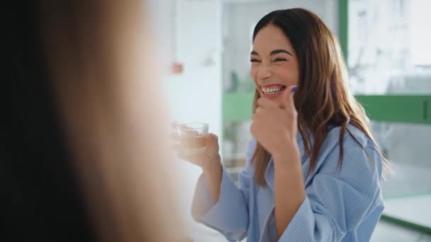 Laughing Businesswoman Talk Colleagues Meeting Closeup Joyful Woman Drinking Tea — Stock Video