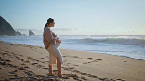 Vacker Gravid Kvinna Poserar Sandstrand Överväger Skummande Havsvågor Sommaren Kväll — Stockvideo
