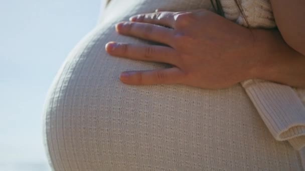 Nahaufnahme Schwangerer Weiblicher Bauch Bei Sonnenlicht Unbekannter Ehemann Streichelt Frau — Stockvideo