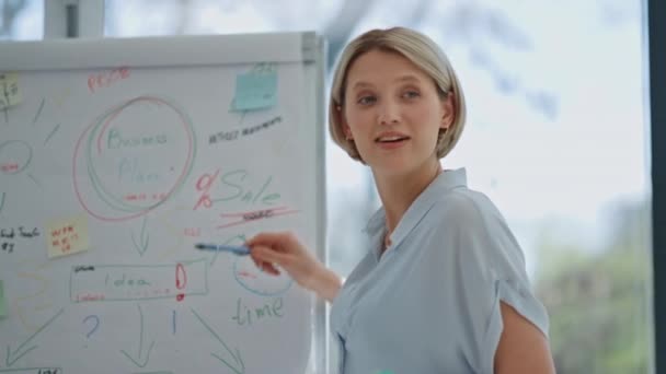 Pozitivní Mentor Ukazuje Flip Chart Kancelářský Seminář Detailní Mladá Obchodnice — Stock video