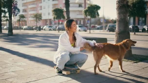 快乐的滑雪者在夏天的街上抚摸着狗狗 时尚活泼的女人爱抚坐在户外长板上的金毛猎犬 在热带城市度假的当代无忧无虑的女孩 — 图库视频影像
