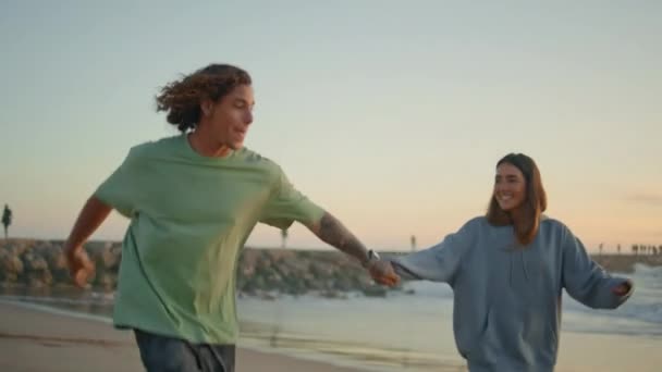 Carefree Teens Running Sand Beach Having Fun Evening Laughing Happy — Stock Video
