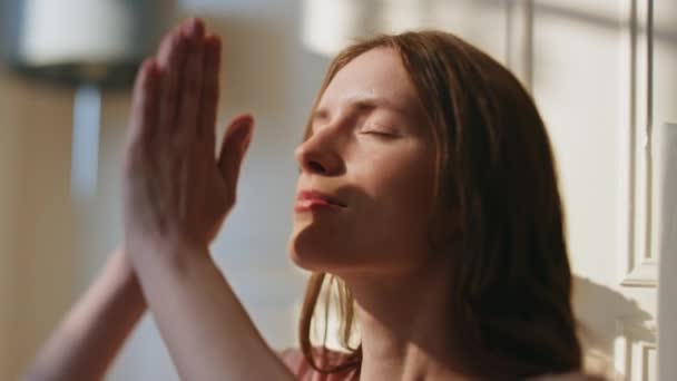 Peaceful Girl Practicing Namaste Position Closeup Serene Model Meditating Home — Stock Video