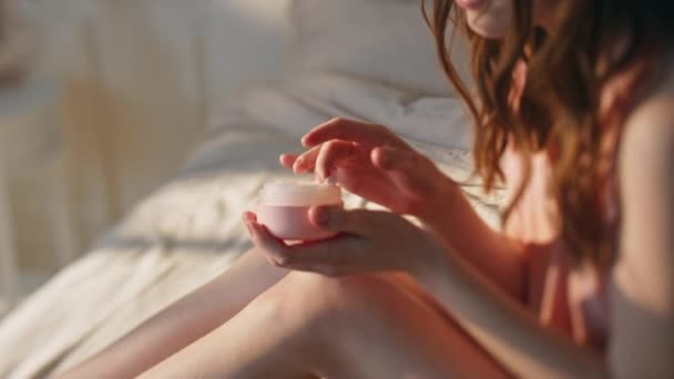 Hands Applying Moisturizing Cream Closeup Smiling Relaxed Woman Massaging Arms — Stock Video