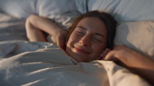 Happy Woman Stretching Bed Sunlight Closeup Carefree Smiling Girl Waking — Stock Video