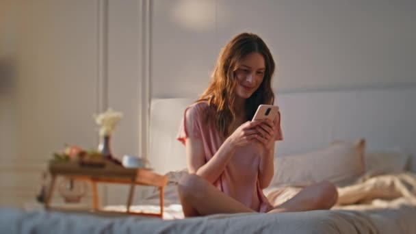 Relaxed Girl Texting Morning Time Joyful Calm Female Messaging Online — Stock Video