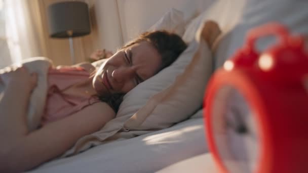 Stressed Woman Snoozing Alarm Clock Closeup Annoyed Tired Girl Waking — Stock Video
