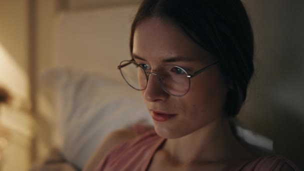 Closeup Focused Girl Working Home Night Serious Woman Freelancer Glasses — Stock Video