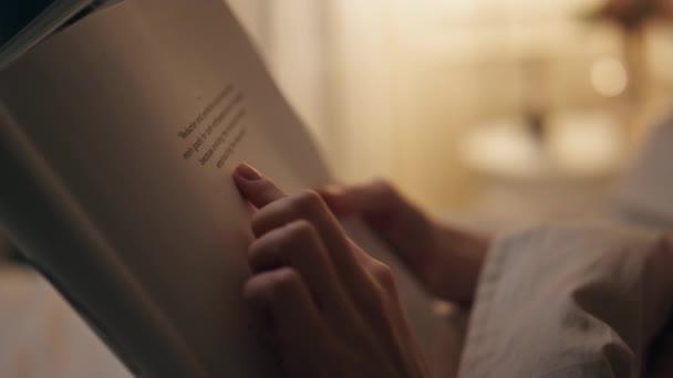 Großaufnahme Hände Halten Buch Drinnen Lächelnde Friedliche Frau Die Wochenende — Stockvideo