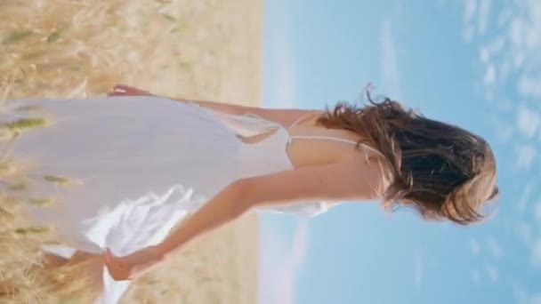 Güneşli Buğday Tarlalarında Tek Başına Yürüyen Işıldayan Kadın Dikey Gülümseyen — Stok video