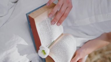 Çavdar tarlasında kitap sayfalarına dokunan kadın parmak uçları dikey olarak. Bilinmeyen beyaz elbiseli kadın yaz pikniğinde battaniye oturup edebiyat okuyor. Meçhul kız elinde narin çiçekli roman tutuyor