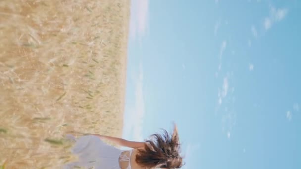 スパイシーツを動かす若い女性は バックビューを背景にしています 垂直ケアフリーガールは 熟した小麦畑を走る自由を感じます 黄金の夏の農地で楽しい回転カメラを持っている白いドレスで幸せな喜びの女性 — ストック動画