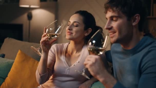 Χαλαρωμένοι Εραστές Πίνοντας Κρασί Άνετο Εσωτερικό Διαμέρισμα Βράδυ Κοντά Ευτυχισμένο — Αρχείο Βίντεο
