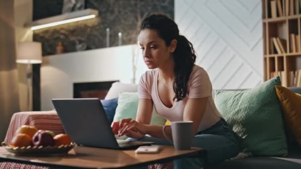Fokuserad Affärskvinna Skriva Laptop Sittande Soffa Mysigt Vardagsrum Seriös Smart — Stockvideo
