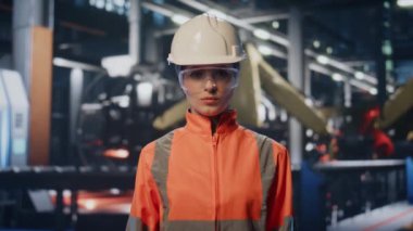 Sanayi işçisi koruyucu gözlük takarak imalata poz veriyor. Turuncu üniformalı ciddi kadın fabrika işçisinin portresi. Genç bayan mühendis kameraya bakıyor..