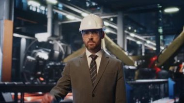 Üretim tesisinde koruyucu kaskla poz veren kendine güvenen bir imalat uzmanı. Orta yaşlı sakallı iş adamı modern fabrikada duruyor. Yetenekli mühendis, gülümseyen bir kamera..