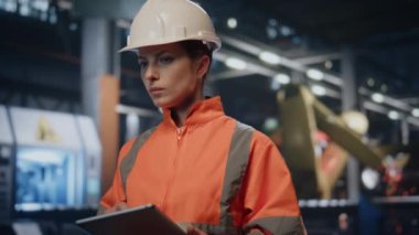Teknisyen, endüstriyel atölyeyi tablet kapağıyla kontrol ediyor. Manurturi kalitesini kontrol eden profesyonel kadın mühendis. Üniformalı kadın fabrika çalışanı.