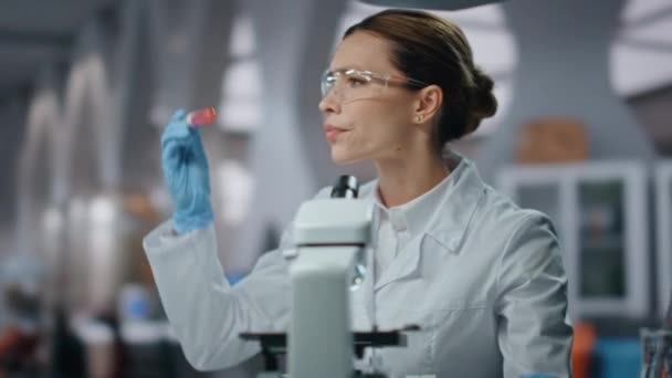 Upset Scientist Looking Test Tube Dissatisfied Research Results Close Disappointed — Stock Video