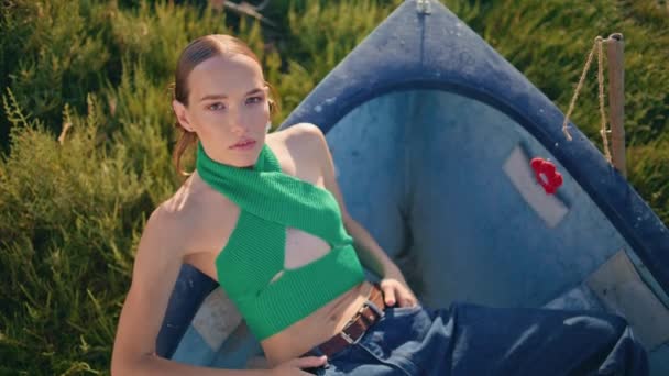 Sexy Girl Posing Field Fishing Boat Closeup Fashion Model Resting — Stock Video