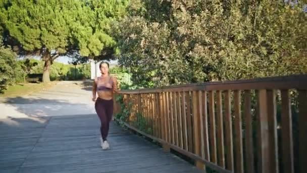 适合在夏城做有氧运动的女士 在木桥上进行有动力的女赛跑选手训练 女运动员独自慢跑 享受田径运动 健身生活方式体育常规概念 — 图库视频影像