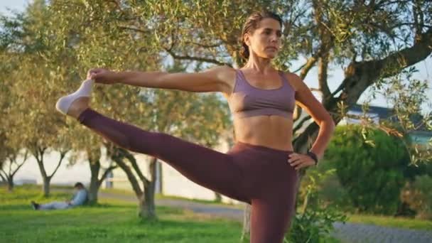 重点适合的女士练习瑜伽在阳光灿烂的夏日放大 成熟的女运动员单腿站立 在自然特写上做健美操 体形纤细的女运动员晚上训练的灵活性 — 图库视频影像