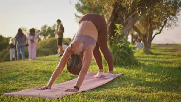 Mulher Flexível Fazendo Postura Cão Virada Para Baixo Praticando Ioga — Vídeo de Stock