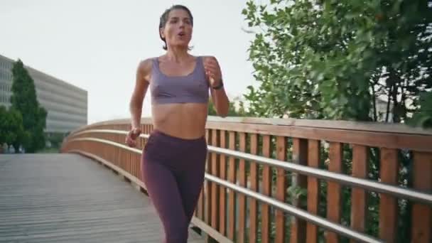 Wanita Menjalankan Latihan Kardio Taman Sport Wanita Berjalan Jembatan Fit — Stok Video