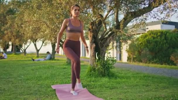 瑜伽模特儿在阳光灿烂的公园里练习阿桑那 成熟的女人在夏天做伸展腿的身体 站在独腿上的胖女人摆姿势训练 积极的生活方式平衡 — 图库视频影像