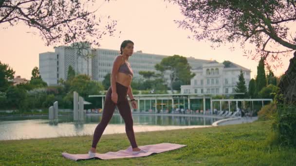 動機づけられたスポーツウーマンは日没公園で運動訓練を積み重ねます 三角形のアサナを練習するスリムなヨガの女性は 緑の草の夏の夕方に片手を上げます フレキシブルレディース Utthita ロタナナ — ストック動画