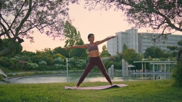 夕方の公園で三角形の位置を練習するヨガモデル 夏のトワイライトでゴムマットを立てる柔軟性をトレーニングする運動女性 スリムなスポーツウーマン 都市湖の自然にウチタラナを作る — ストック動画