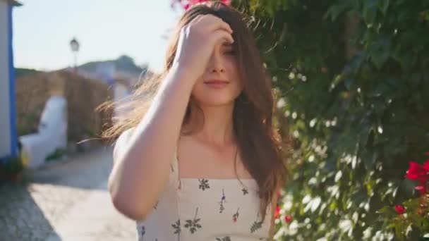 Portrait Romantic Girl Posing Sunbeams Alley Sensual Happy Woman Touching — Stock Video