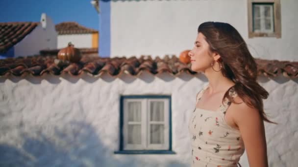 Dreamy Woman Walking Sunny Village Closeup Smiling Girl Enjoy Wind — Stock Video