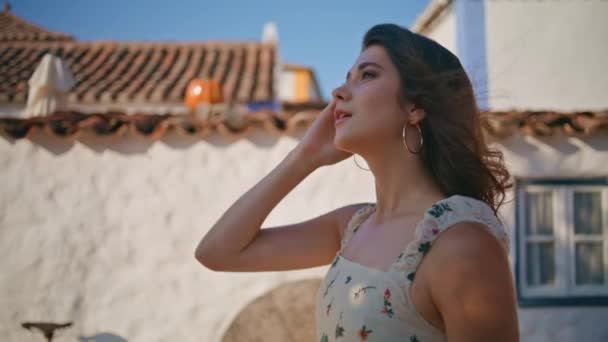 Calm Lady Walking Sunbeams Mediterranean Village Closeup Relaxed Pretty Woman — Stock Video