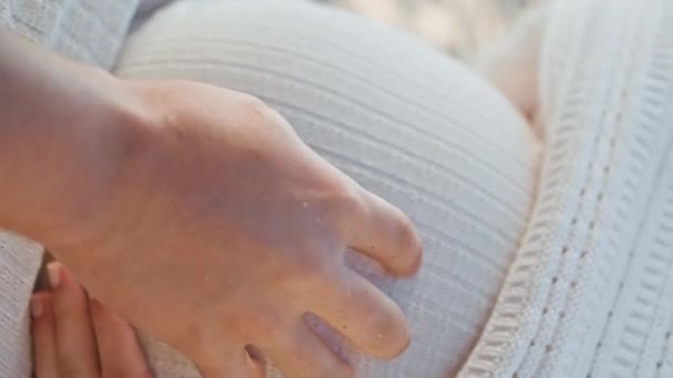 Lindo Marido Acariciando Mujer Embarazada Vientre Besando Bebé Nonato Vista — Vídeo de stock