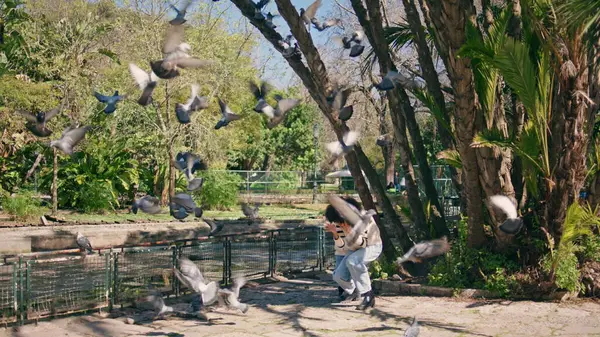 Pigeons Survolant Une Femme Souriante Avec Fille Dans Parc Ensoleillé — Photo