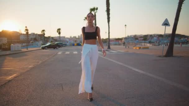 Πολυτελές Κορίτσι Πόδια Δρόμο Στο Ηλιοβασίλεμα Ήλιο Υπέροχο Μοντέλο Μόδας — Αρχείο Βίντεο