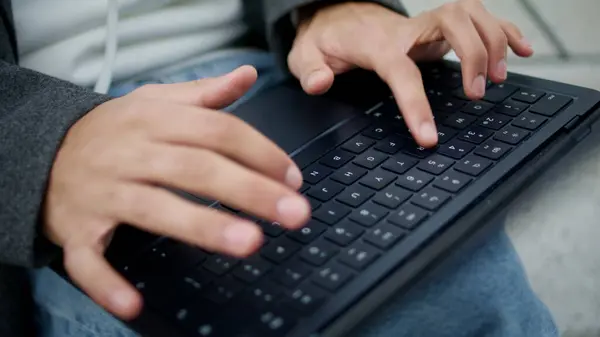 Freelancer Fingers Texting Keyboard Laptop Closeup Man Hands Pressing Buttons — Stock Photo, Image