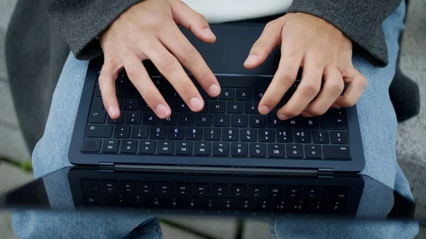 Student Hands Working Keyboard Outdoor Closeup Unknown Man Typing Laptop — Stock Photo, Image