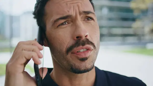 Hispanic Director Talking Mobile Phone Call Street Closeup Irritated Businessman — Stock Photo, Image