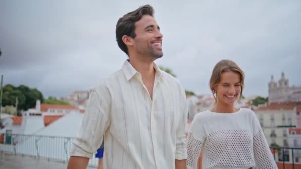 Romantic Newlyweds Walking Terrace Cityscape Closeup Handsome Brunette Gentleman Kissing — Stock Video