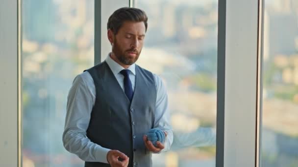 Office Manager Thinking Solution Looking Panoramic Window Worried Man Tossing — Stock Video