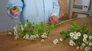 Kapalı gişe çiçekçi el işi atölyede güzel çiçek buketi yapar. Meçhul genç girişimci kadın çiçekçi dükkanında çiçek hazırlıyor. Yumuşak kollar flora dekorasyonunun tadını çıkarır. Görev konsepti.