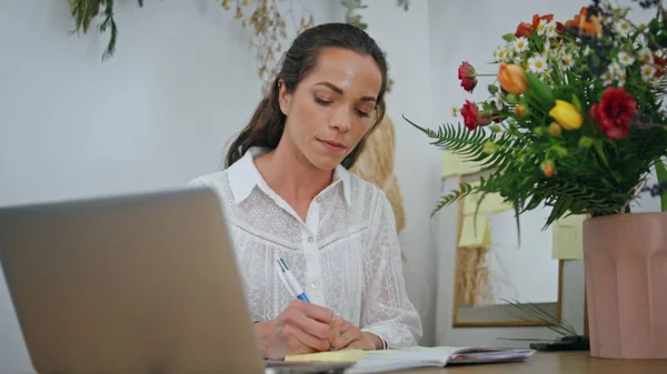 Focused ceo woman write work project ideas paper notes in flower shop business. Close up busy businesswoman leader create to do list strategy plan in florist store. Entrepreneur lifestyle concept.
