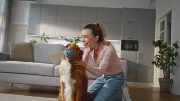 Ευτυχισμένη Γυναίκα Παίζει Σκυλί Στο Άνετο Σαλόνι Διαμέρισμα Zoom Παιχνιδιάρικο — Αρχείο Βίντεο